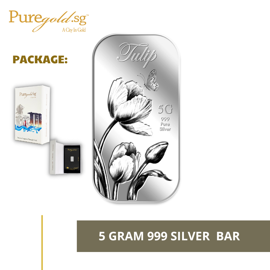 Puregold 999 แท่งเงิน 5g ลาย ทิวลิป นำเข้าจากสิงคโปร์