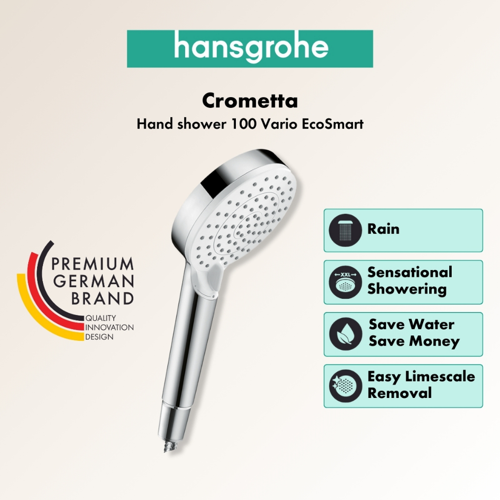 Hansgrohe Crometta ฝักบัวมือ 100 มม. รุ่น Vario พร้อมฟังก์ชันประหยัดน้ำ EcoSmart 9 ลิตร/นาที รุ่น HG26332400