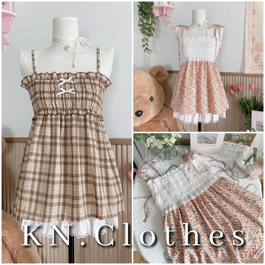 KN.Clothes เสื้อสายเดี่ยว สม็อคหน้าอกโบว์จิ๋ว แต่งระบาย Hearty