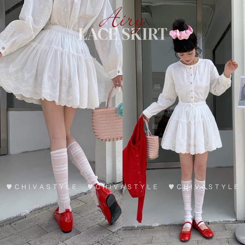 -𝐂𝐡𝐢𝐯𝐚 - Airy lace skirt | กระโปรงลูกไม้เอวยางยืด พร้อมเชือกผูกปรับระดับได้ (ซับในกางเกง) **