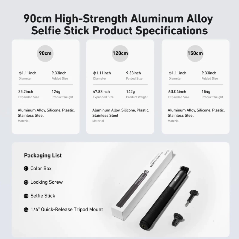 Telesin GoPro , Insta360 , DJI Osmo360 , 5Pro / 4 / 3 Aluminum high strength selfie stick 90 /120/150cm thumbnail 8