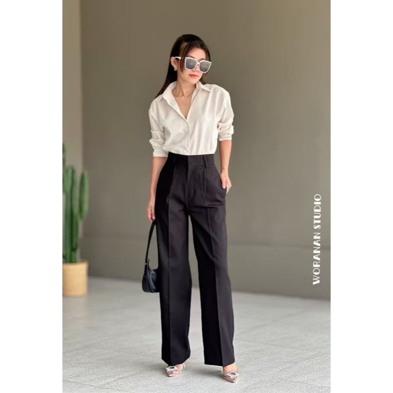 กางเกงผ้าลินินทรงขากระบอกกลางเอวสูงหูเข็มขัดคู่เก็บทรงเอวคอดสวยเป๊ะS-3XL - รูปที่ 3