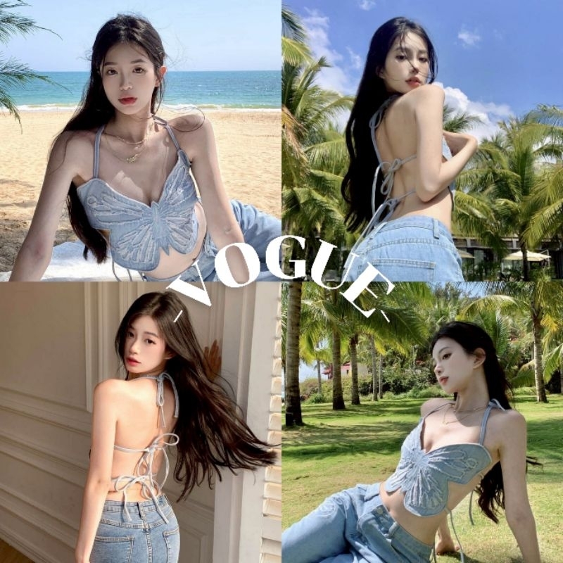 Vogue🌟พร้อมส่ง🌟 เสื้อสายคล้องคอ เว้าหลังผูกหลัง ลายผีเสื้อ (FY3190)