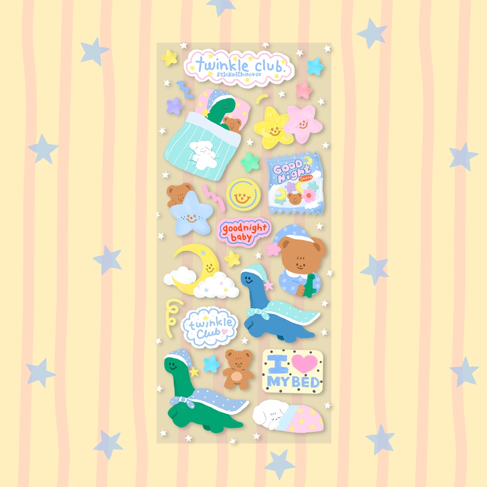 Twinkle club Transparent sticker สติกเกอร์ขอบใส ธีมชุดนอนสุดน่ารัก บิงบิงไดโนเท๊ดดี้ 8.6x21cm | Stickwithme4ev