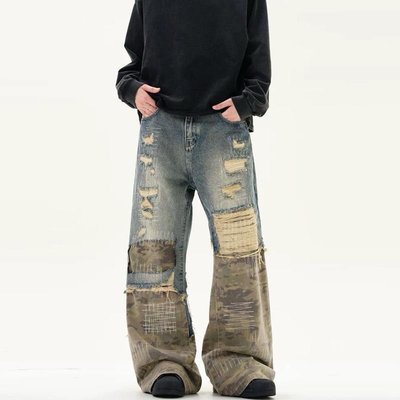กางเกงยีนส์ทรงกระบอก camo patchwork jeans