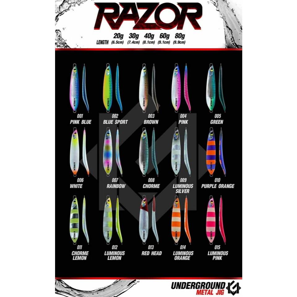 เหยื่อจิ๊ก ตกปลาทะเล /  Metal Jig Underground Razor 20 - 80 กรัม Razor