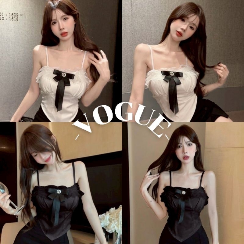 Vogue🌟พร้อมส่ง🌟 เสื้อสายเดี่ยว แต่งโบว์ มีฟองน้ำ ยืดพอดีตัว (FY845#1)