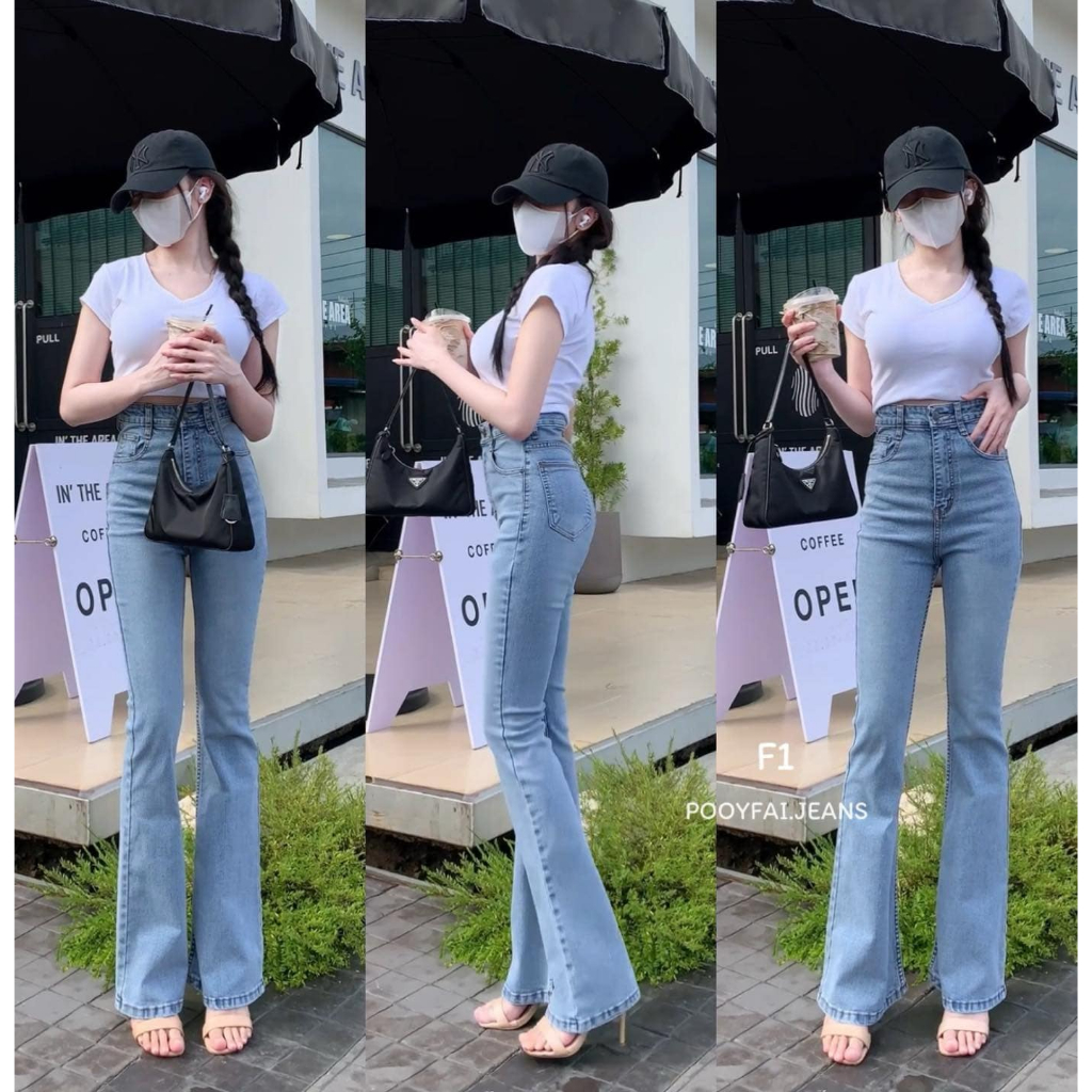 F1 ยีนส์ขาม้าเอวสูงสีสโนว์บลู