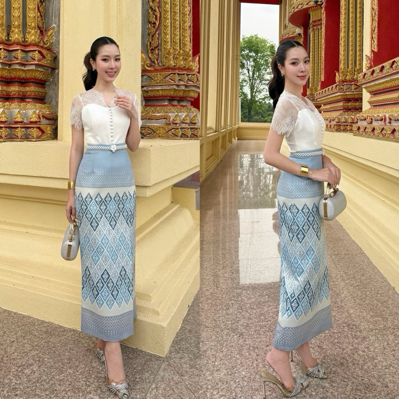 Set เสื้อลูกไม้ทรงแขนสั้น มาพร้อมผ้าถุงสำเร็จลายผ้าไทย