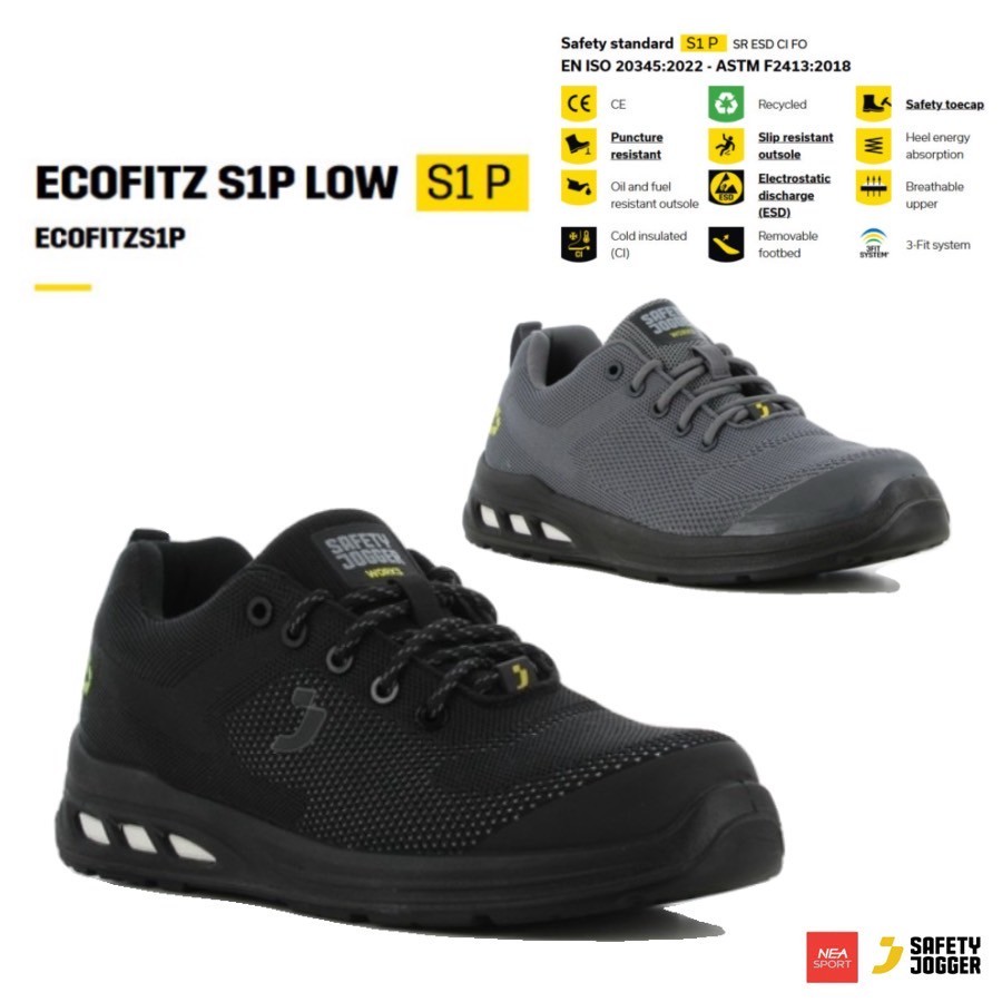 [ร้านดีๆที่มีมากกว่าเซฟตี้] SAFETY JOGGER - ECOFITZ S1P LOW รองเท้าเซฟตี้ หัวเหล็ก แผ่นใยกันทะลุ รองเท้านิรภัย