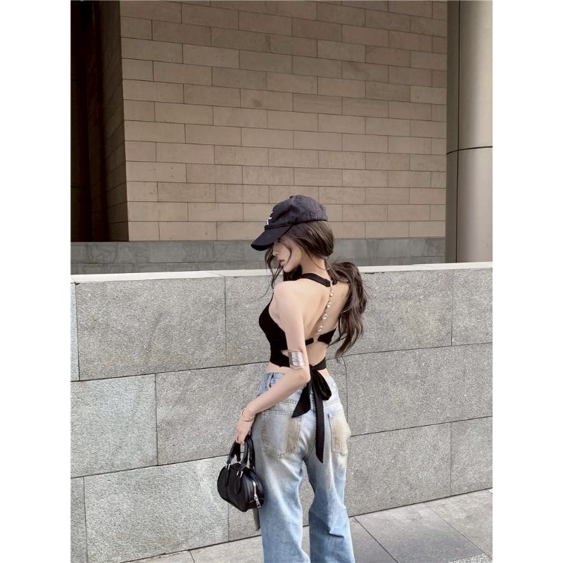 Vogue🌟พร้อมส่ง🌟 เสื้อคล้องคอ เว้าหลัง สีพื้น มีฟองน้ำแต่งโซ่ ยืดพอดี (FY2636#1) - รูปที่ 5