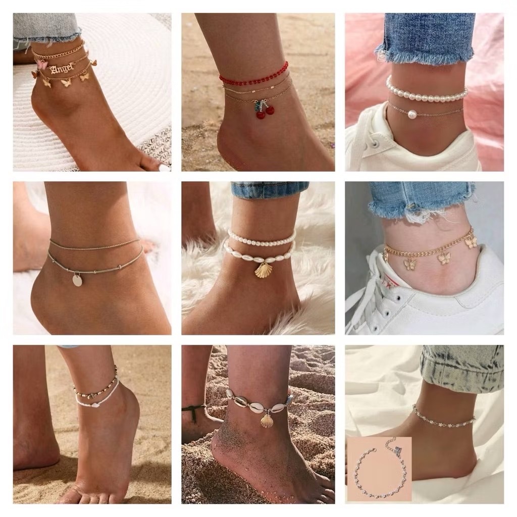 สร้อยข้อเท้า สองชั้น สร้อยข้อเท้า รัก ชายหาด สไตล์ยุโรป อเมริกัน เรียบง่าย ขายดี L303