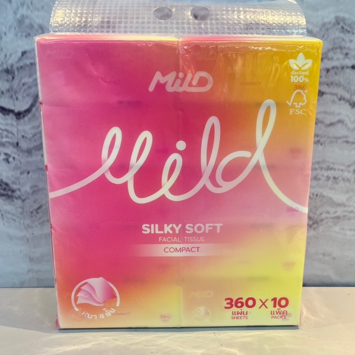 Mild silky soft facial tissue compact กระดาษเช็ดหน้า หนา 4 ชั้น ปริมาณสุทธิ 360 แผ่น x 10 ห่อ