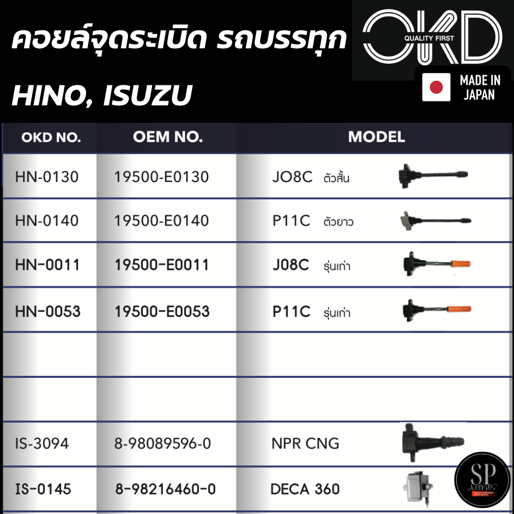OKD ญี่ปุ่น คอยล์จุดระเบิด HINO JO8C, P11C, J08C, P11C, ISUZU NPR CNG, DECA 360 / ราคา 1หัว