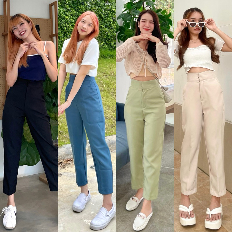 150cm favourite กางเกงขายาว กระบอกเล็ก ทรงบอย ผ้าอยู่ทรงเก็บหุ่น [playwork.store] (008-ขาเล็ก)