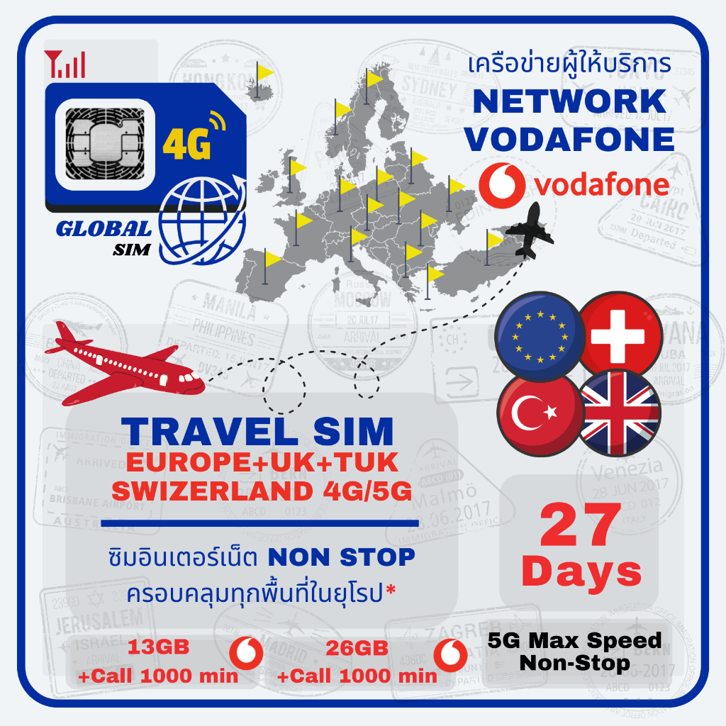 Europe SIM ซิมยุโรป Vodafone 27Days 4G/5G Max speed non-stop + Call