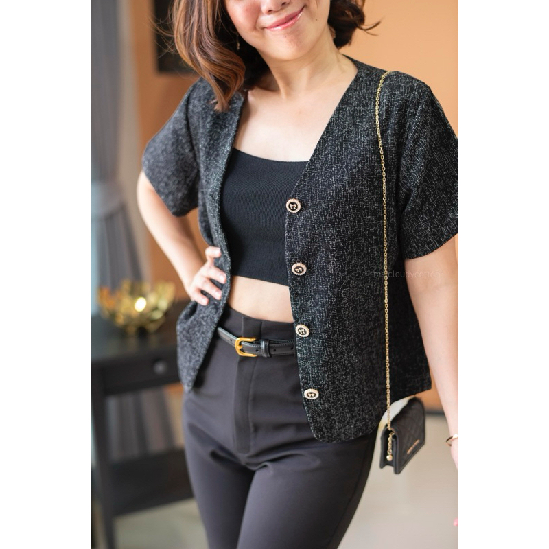 ms.cloudycotton - Chirin Blazer เบลเซอร์ผ้าทวีต แขนสั้น ผ้าไม่หนา ไม่แข็ง ซับในเต็มตัว