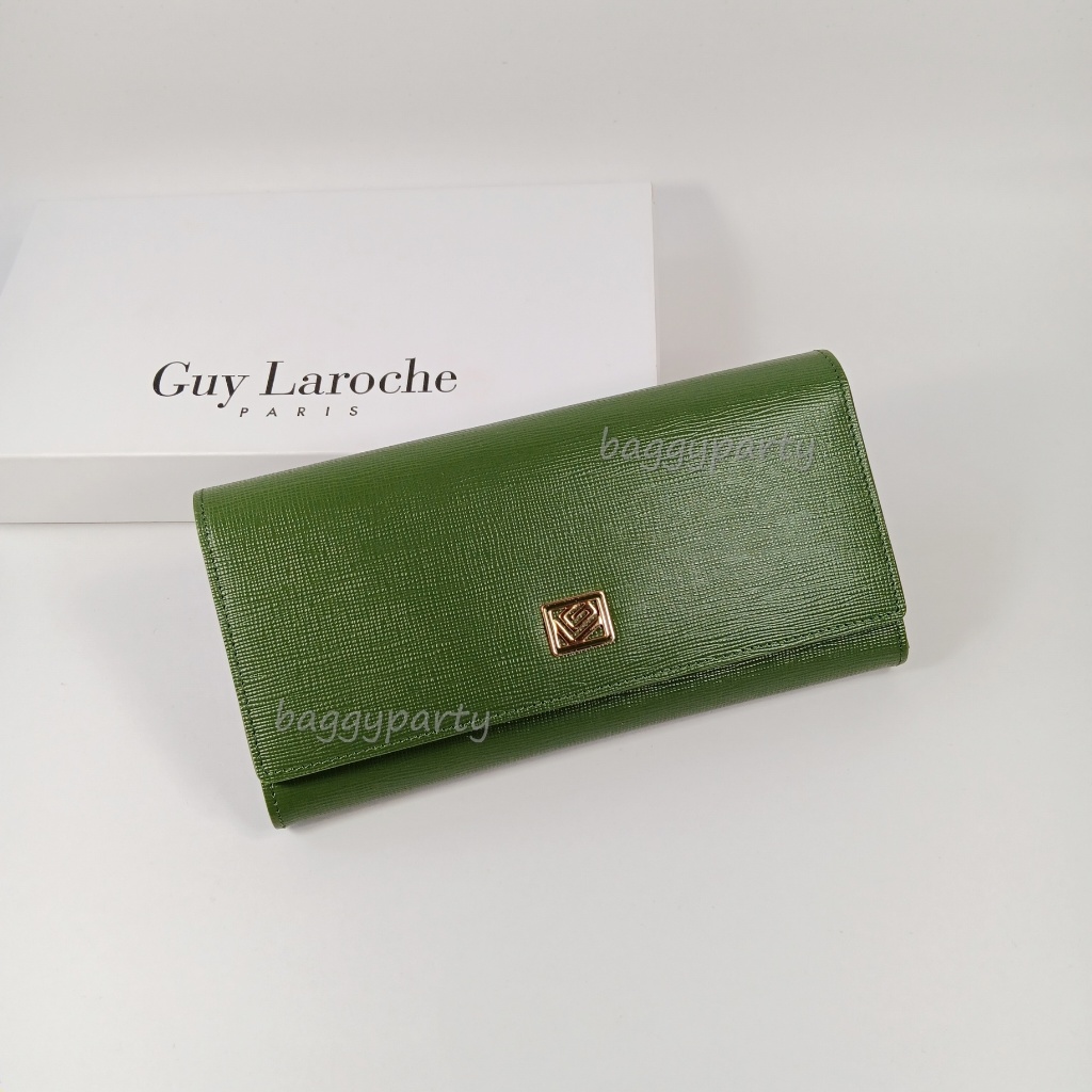 Guy Laroche แท้!! กระเป๋าสตางค์ผู้หญิงใบยาว สามพับ สีเขียวเข้ม หนังลาย อะไหล่สีทอง