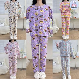 PE ชุดนอนเซ็ต แขนขายาว เสื้อคอกลม ชุดนอนผู้หญิง ลายน่ารัก ผ้…