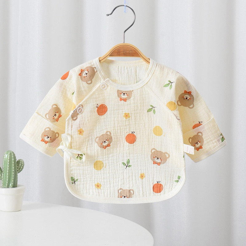 เสื้อเด็กแรกเกิดแขนยาว ผ้ามัสลินทอย่น เสื้อเด็กแขนยาวผูกหน้า ใส่สบาย