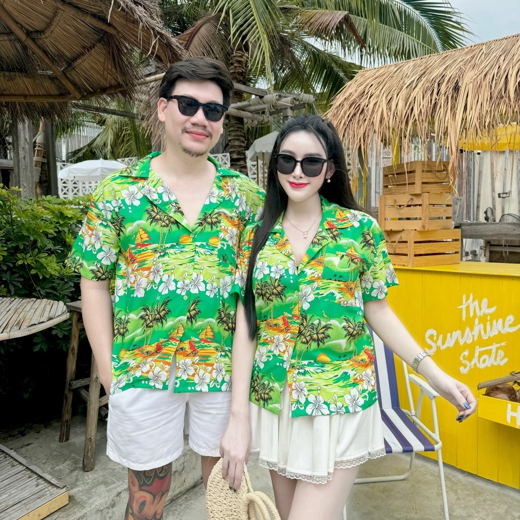 เสื้อสงกรานต์ลายใบเฟิร์น คอปก แขนสั้น มีกระเป๋า ผ้าไหมอิตาลีพิมพ์ - รูปที่ 1