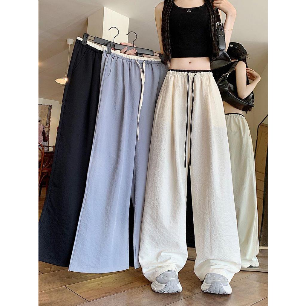 เกาหลีวินเทจหลวม ๆ ชนสีบางลูกไม้ขึ้นตรงลำลองลมกว้างกางเกงขายาว 3 สีให้เลือก