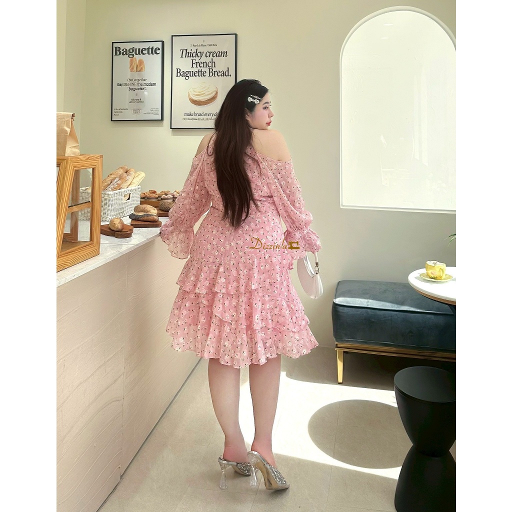 Dz329-เดรสเว้าไหล่พิมพ์ลายดอกไม้สีชมพู - รูปที่ 3
