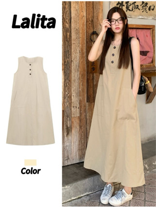 Lalita เดรสเกาหลี เดรสยาว กระดุมใช้งานได้จริง ผ้ายืด เดรสยาว…