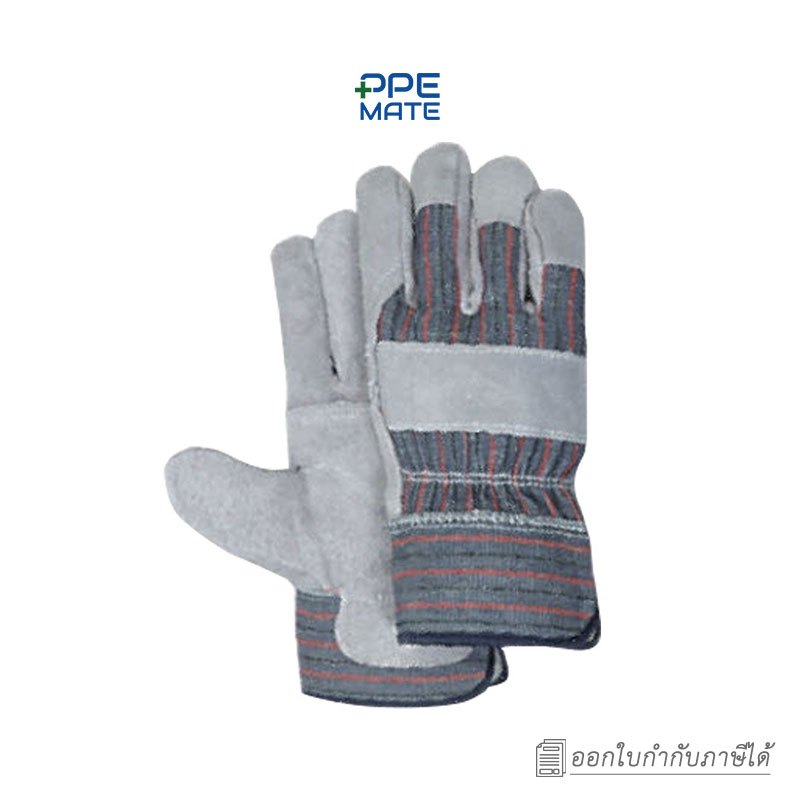 Cow Split Leather Palm Gloves(1 คู่)ถุงมือหนังท้องผ้าลาย ขอบเซฟตี้ | งานเชื่อม | ทนการเสียดสี