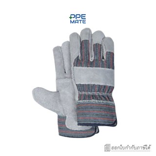 Cow Split Leather Palm Gloves(1 คู่)ถุงมือหนังท้องผ้าลาย ขอบ…