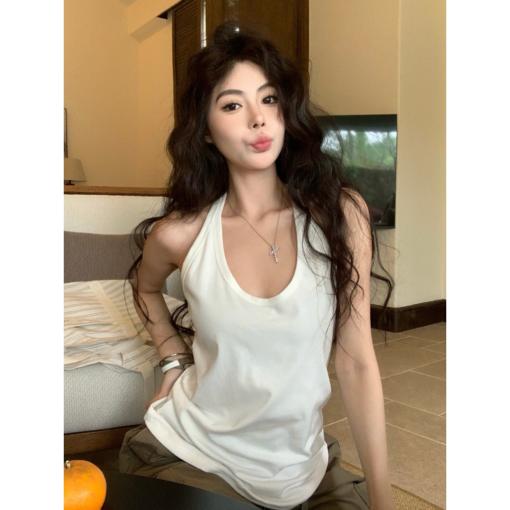 เสื้อกล้ามผู้หญิง เสื้อคล้องคอสีพื้น ผ้าคอตตอน ใส่ออกกำลังกายได้ สาวอวบใส่ได้ สีพื้น #020308
