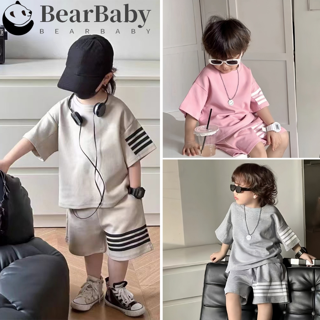 ชุดลำอลงเด็ก ชุดเซ็ทแขนสั้น แต่งแถบ แขนขา ทรงหลวม ใส่สบาย พร้อมส่ง