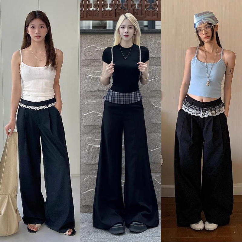 xxavc825h0-กางเกงขายาวเอวสูงผ้าลูกไม้สีดำสำหรับผู้หญิง 2025 กางเกงขายาวทรงตรงเอวสูงสไตล์ย้อนยุคใหม่-