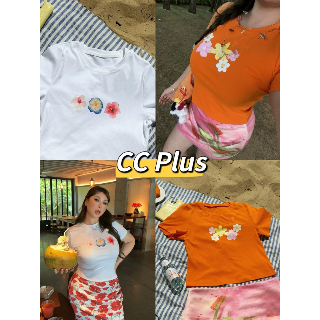 CiCi Plus+(H8861-1)  เสื้อแขนสั้น ผ้าสเป็นเด็กซ์ พิมพ์ลายดอกไม้น่ารักๆ สีพื้น สไตล์สาวพลัสไซส์