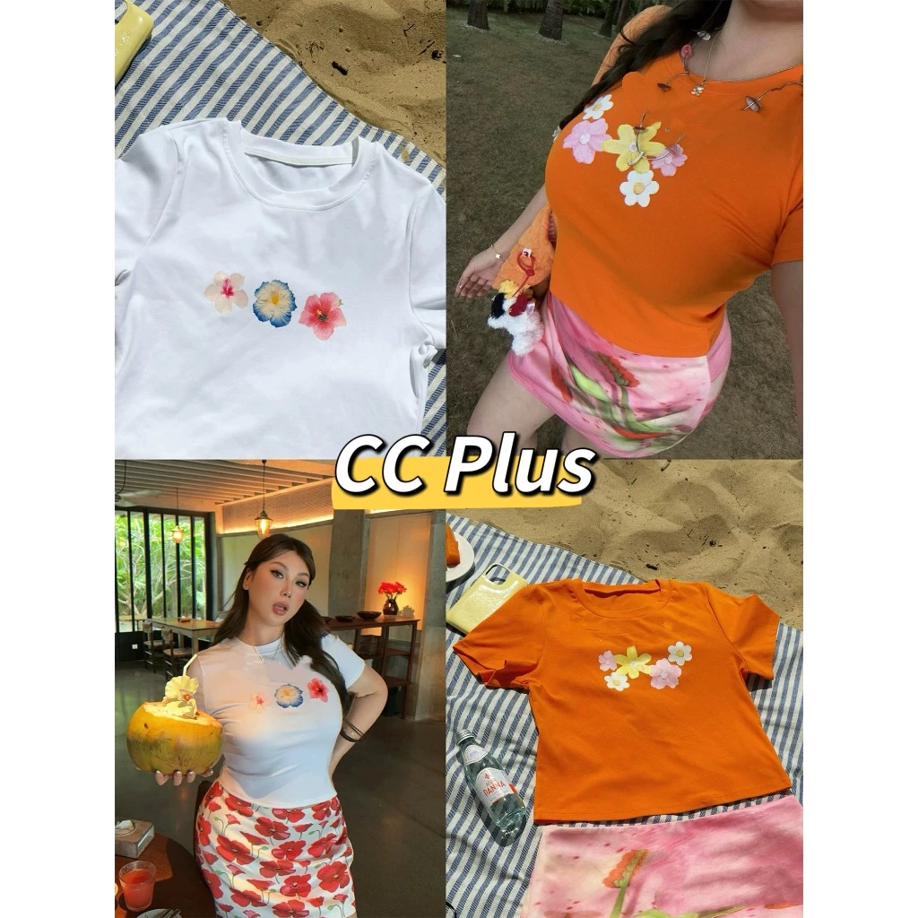 CiCi Plus+(H8861-1) เสื้อแขนสั้น ผ้าสเป็นเด็กซ์ พิมพ์ลายดอกไม้น่ารักๆ สีพื้น สไตล์สาวพลัสไซส์