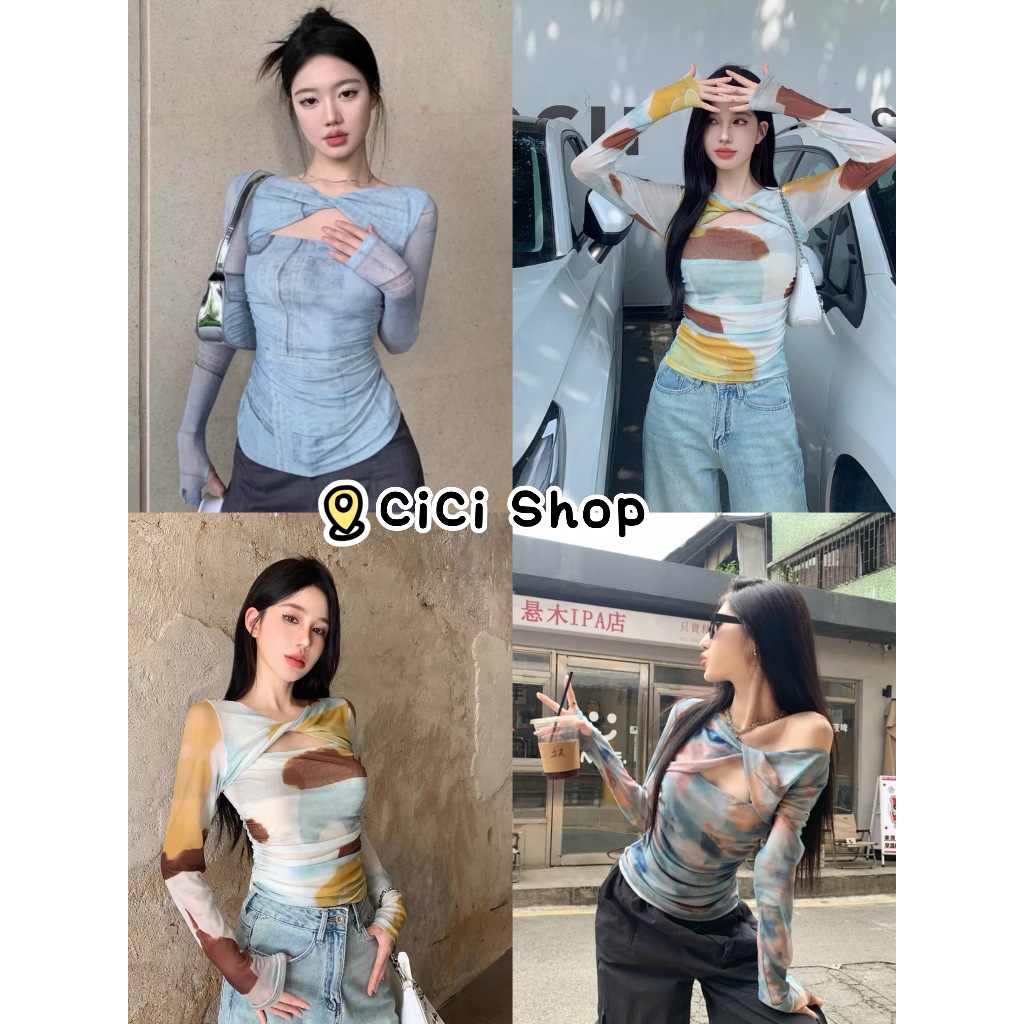 Cicishop(J756)เสื้อซีทรูแขนยาว ดีเทลเว้าอกหน้าหลังจ้ำด้านข้าง สีสันสวยงาม สไตล์สาวแซ่บ – โปรปัง