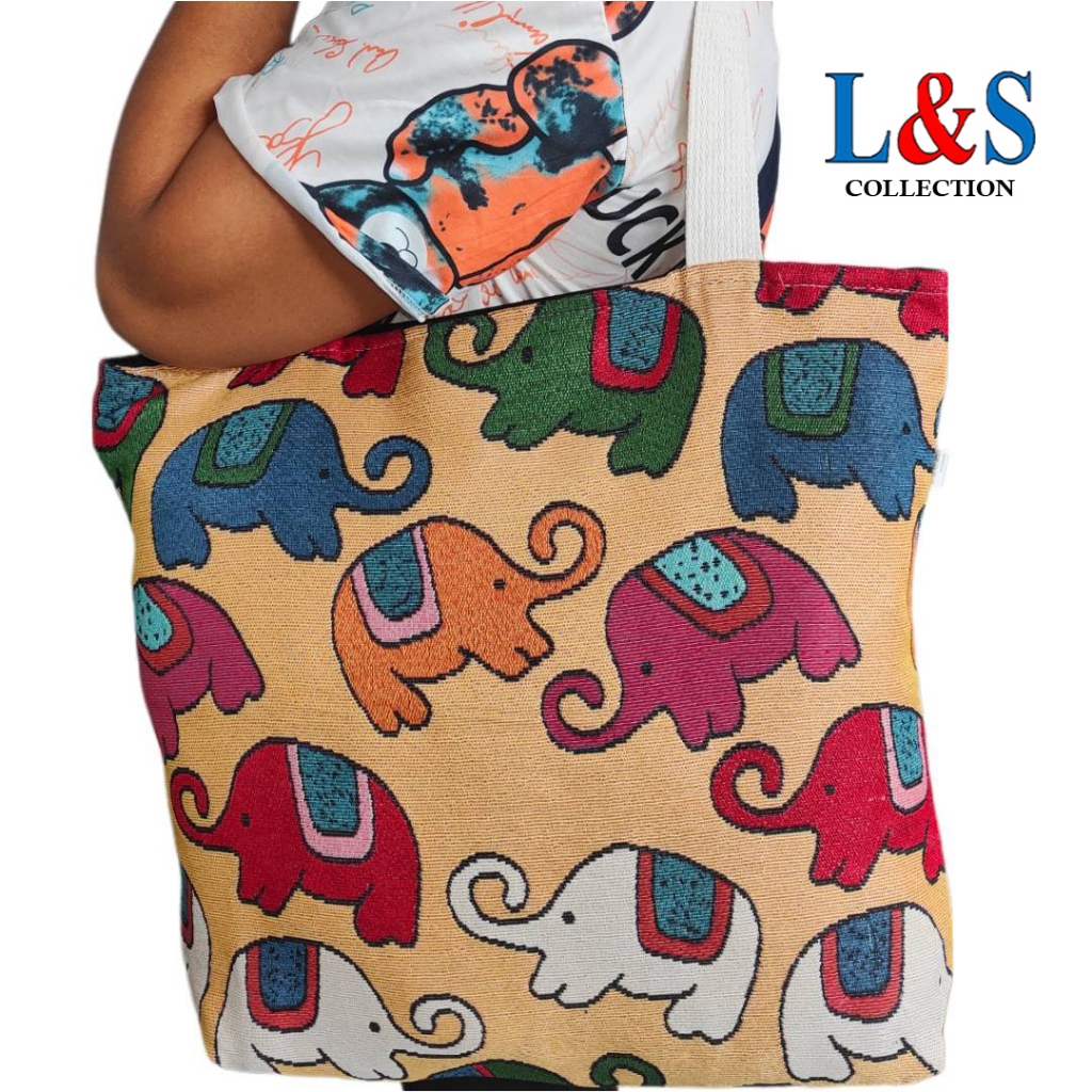 กระเป๋าช๊อบปิ้งผ้าฝ้ายแบบสะพายข้างลายช้างการ์ตูนขนาดใหญ่