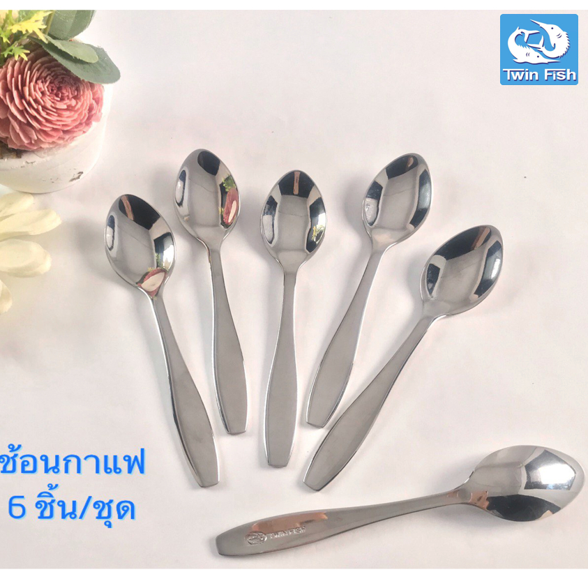 6ชิ้น ช้อนกาแฟสแตนเลส 12cm.ลายเรียบ หนา แข็งแรง แบรนด์TwinFish รหัส73-08