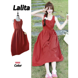 Lalita เดรสสไตล์เกาหลี เดรสยาว เดรสคอกลม เดรสแขนกุด เดรสไปทะ…