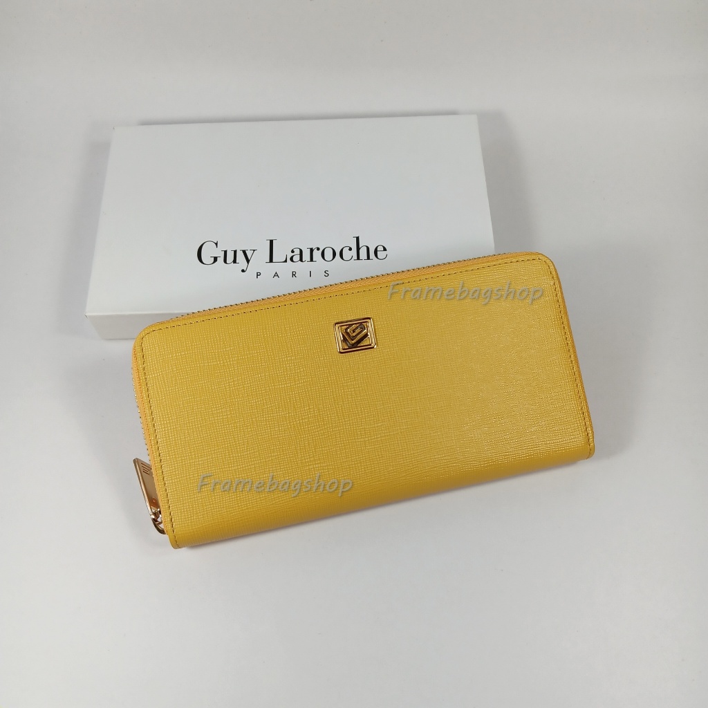 Guy Laroche กระเป๋าสตางค์ผู้หญิงใบยาว ซิปรอบ สีเหลือง หนังลาย อะไหล่สีทอง