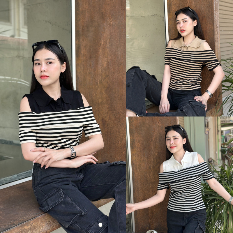 เสื้อไหมพรม ทรงแขนสั้นเปิดไหล่ ทรงคอปกโปโล แต่งทอลายคาดริ้วสลับสี พร้อมส่งจ้า สาวอวบใส่ได้ รุ่น ปัจจุบัน