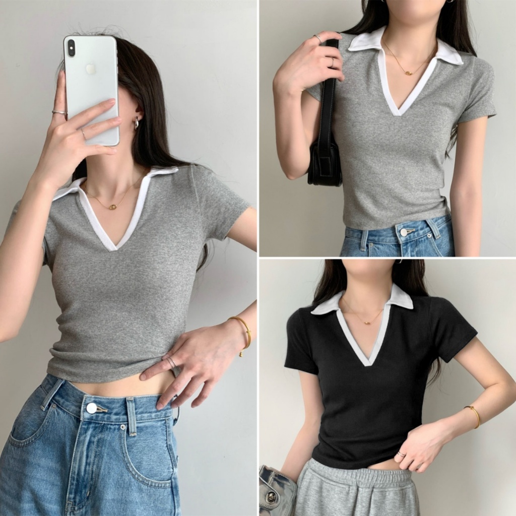 Beryl เสื้อยืดผู้หญิงแฟชั่น เสื้อยืดรัดรูป สีพื้น คอวี ทรงเข้ารูป แขนสั้น สไตล์เกาหลีเรียบง่าย