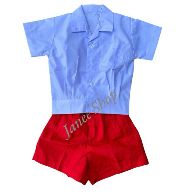 ชุดนักเรียนอนุบาลเสื้อเอวจั๊ม กางเกงเอวยางสีแดง*ราคาทั้งชุด*