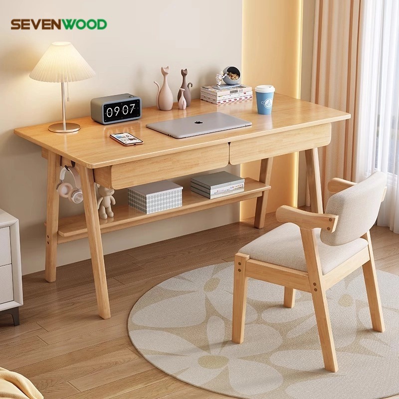 SEVENWOOD โต๊ะคอม โต๊ะทำงาน 140/120cm มินิมอลลิสต์ ทำด้วยไม้ table พร้อมชั้นวาง 2 สี โต๊ะพร้อมตะขอและลิ้นชัก ติดตั้งง่าย