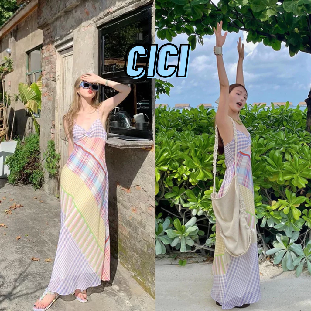 ส่งทันที Cici(NO. Y6283) เดรสยาวสายเดี่ยวพิมพ์ลวดลายตาราง จั้มอก สายปรับได้ ซิปข้างเก็บหุ่นเข้ารูป แต่งปลายเฉียง