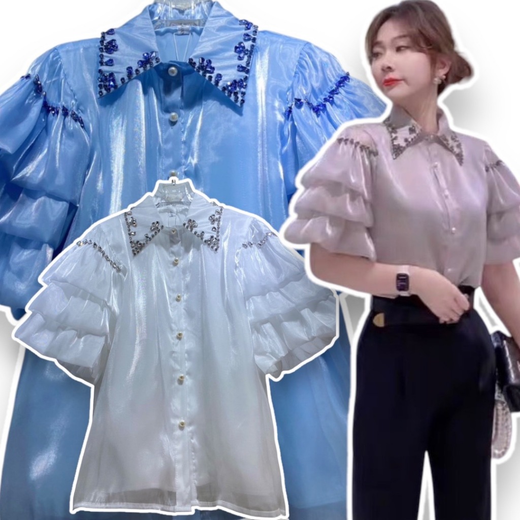 💫พร้อมส่ง💫เสื้อเเขนสั้นระบาย3 ชั้นผ้าไหมเเก้วเนื้อเงาเนื้อนุ่มมีซับในในตัวเกรดพรีเมี่ยม