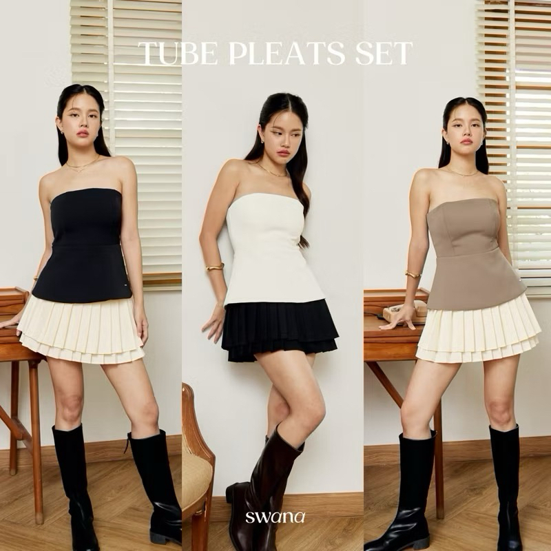 Swanna.ss : Tube pleats set เสื้อเกาะอก + กระโปรงจีบ สีดำ-ครีม L (new)
