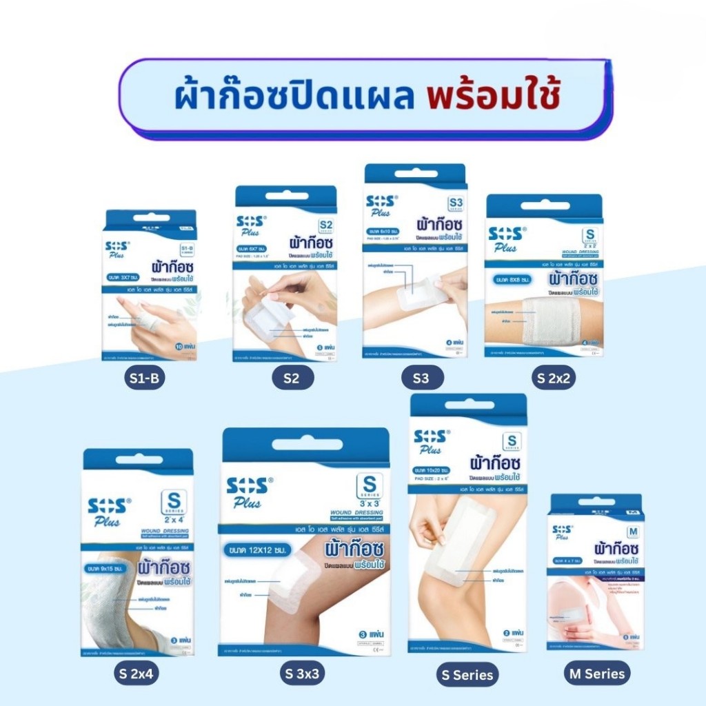 SOS Plus ผ้าปิดแผลแบบพร้อมใช้ S1,S2,S3,S2"x2",S2x4”