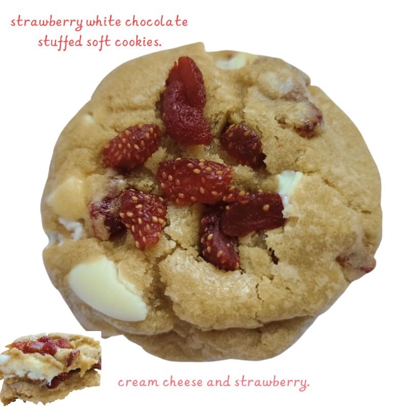 Strawberry white chocolate stuffed soft cookies. ชิ้นละ 80 กรัม