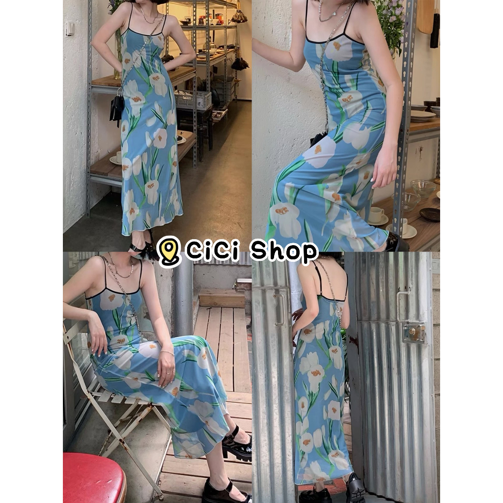 Cicishop(Y6275) เดรสยาวสีฟ้าผ้าซีทรูสายเดี่ยว พิมพ์ลายดอกไม้วินเทจ สายปรับได้ มีซับด้านใน รัดรูปเข้าทรง สไตล์สาวฮาวาย